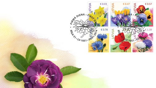Pirmās pastmarkas ar eiro nominālvērtību būs no sērijas «Ziedi»
