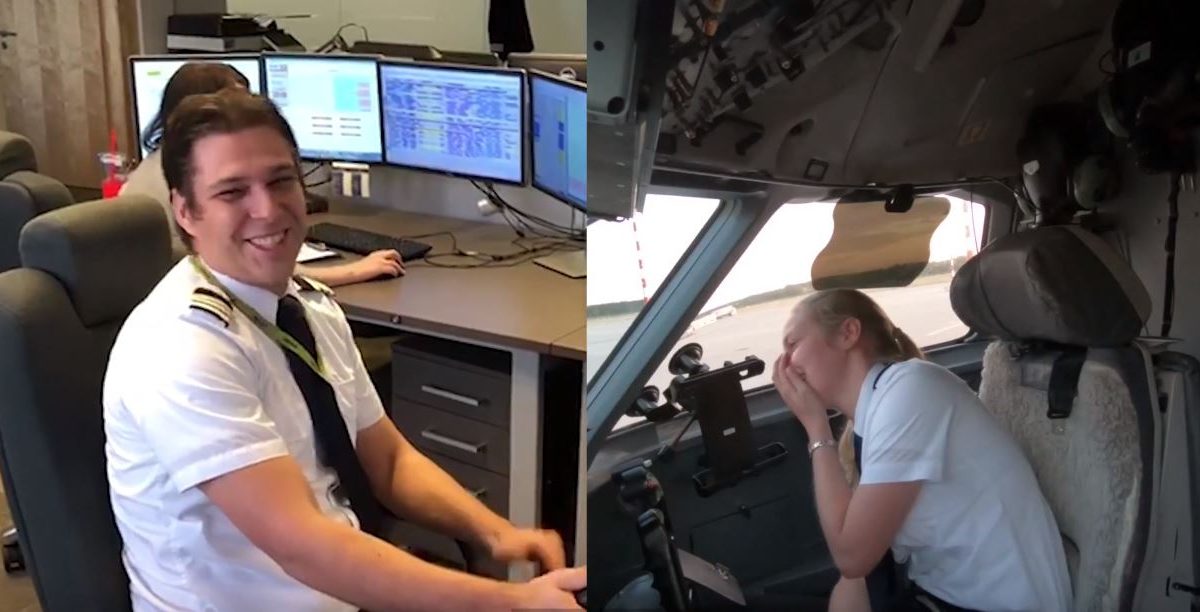 Noskaties sirsnīgu video, kā AirBaltic lidmašīnas pilots bildināja savu mīļoto